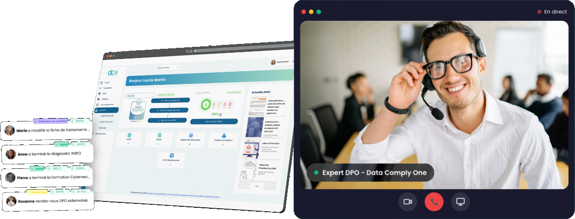 Plateforme Data Comply One : tableau de bord de conformité RGPD et visioconférence avec un expert DPO
